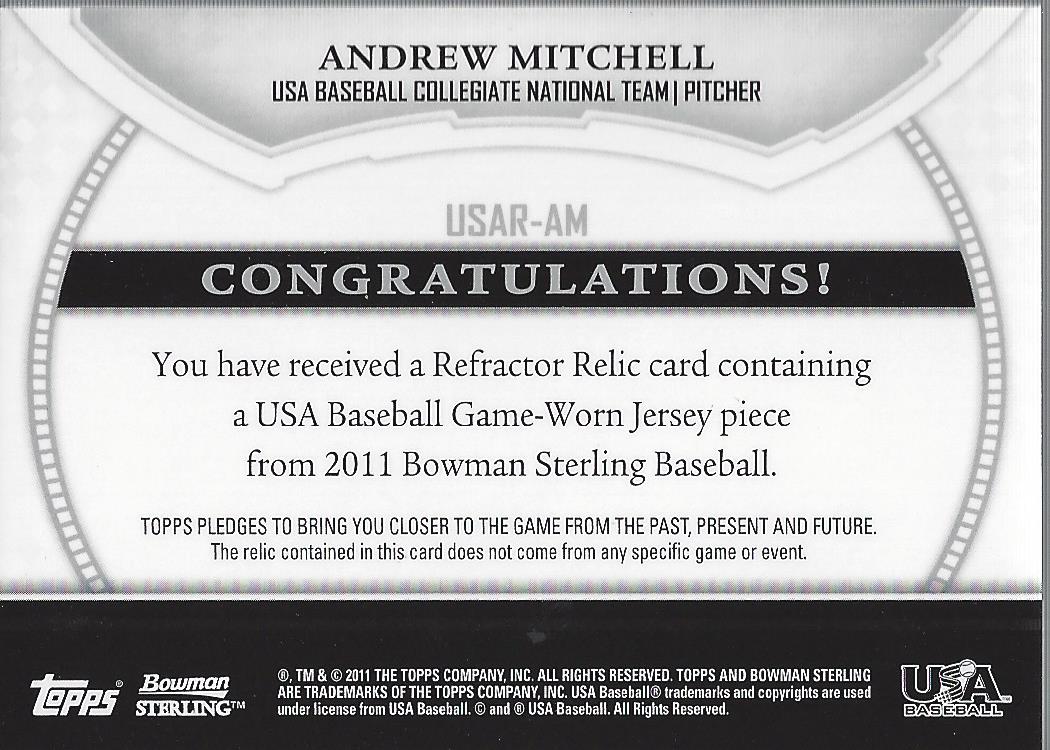 2011 Bowman Sterling USA Baseball Relics #AM Andrew Mitchell back image