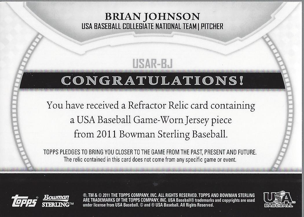 2011 Bowman Sterling USA Baseball Relics #BJ Brian Johnson back image