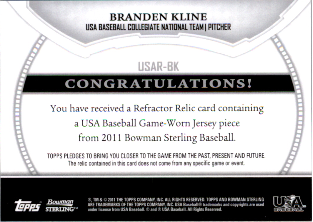 2011 Bowman Sterling USA Baseball Relics #BK Branden Kline back image