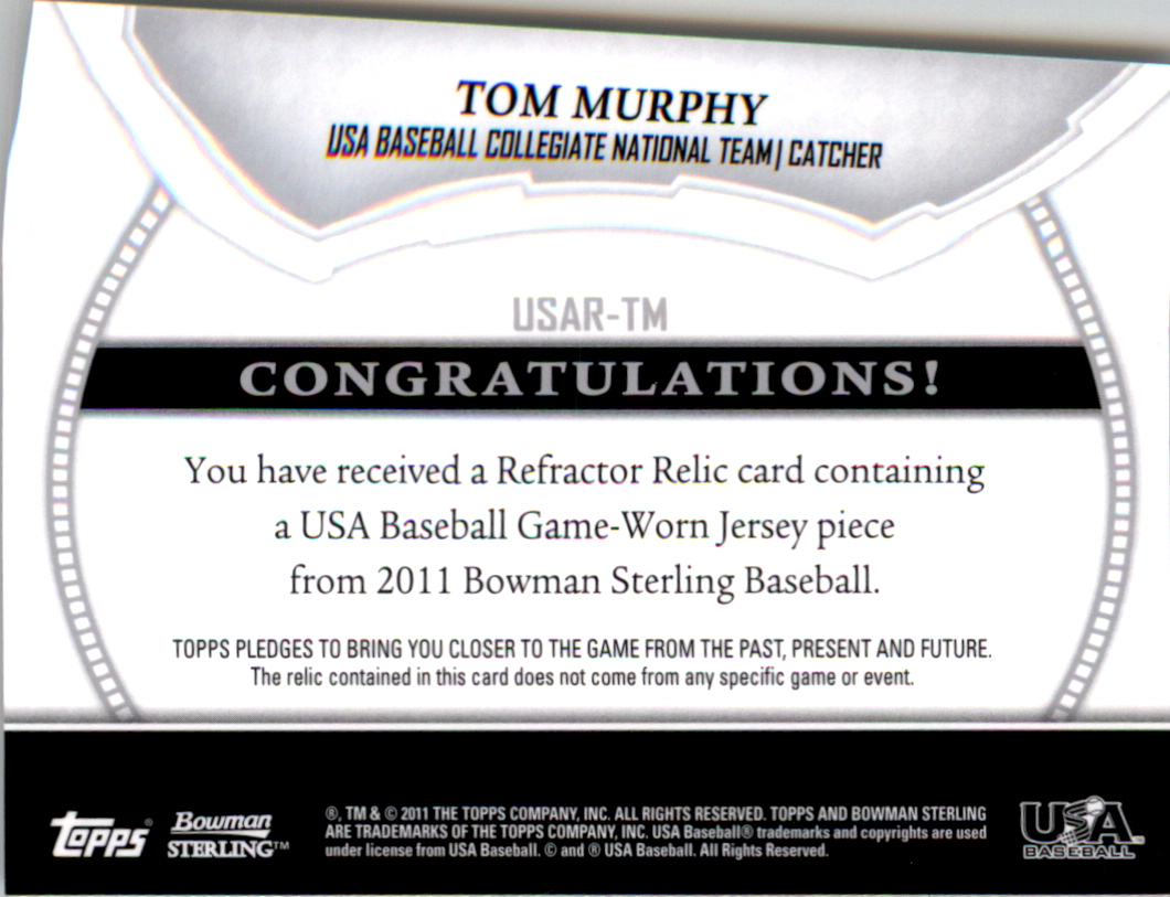 2011 Bowman Sterling USA Baseball Relics #TM Tom Murphy back image