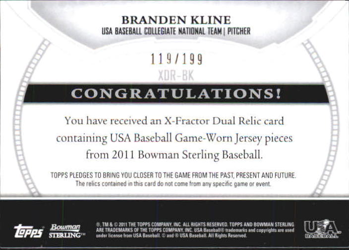 2011 Bowman Sterling USA Baseball Dual Relic X-Fractors #BK Branden Kline back image