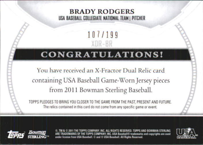 2011 Bowman Sterling USA Baseball Dual Relic X-Fractors #BR Brady Rodgers back image