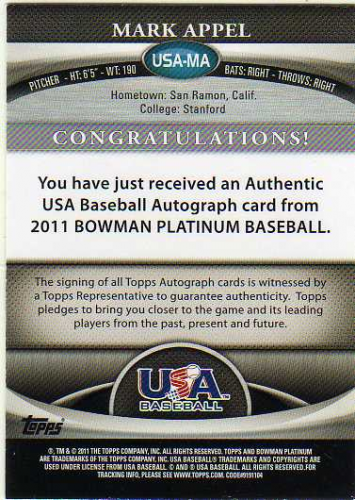 2011 Bowman Platinum Team USA National Team Autographs #MA Mark Appel back image