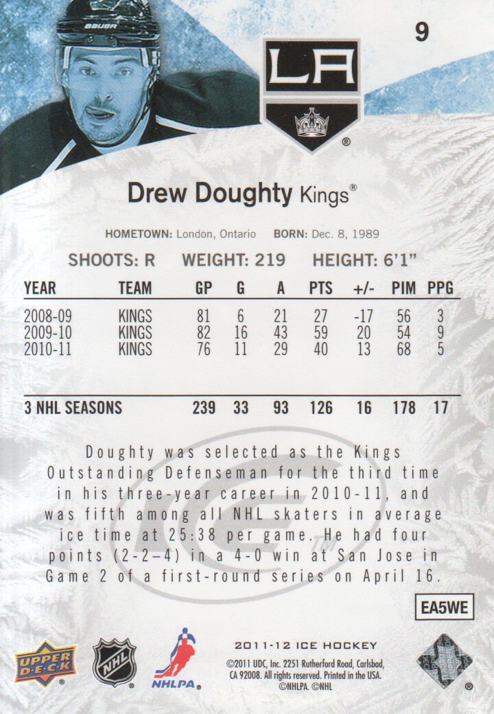 2011-12 Upper Deck Ice #9 Drew Doughty back image