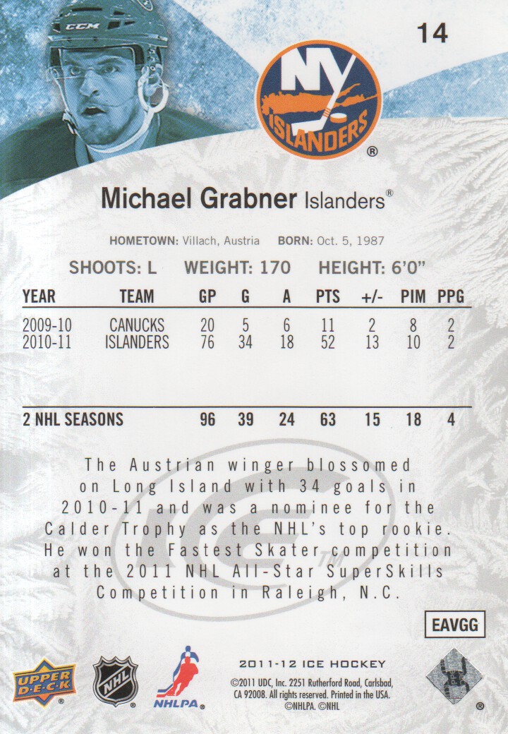 2011-12 Upper Deck Ice #14 Michael Grabner back image