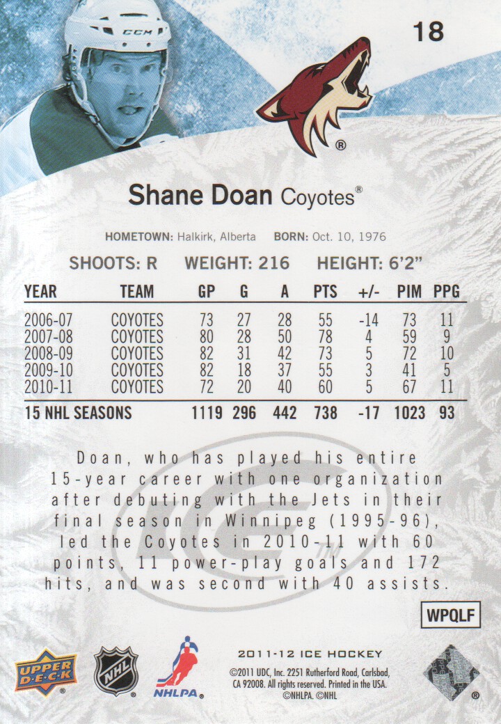2011-12 Upper Deck Ice #18 Shane Doan back image