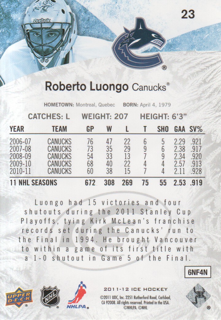 2011-12 Upper Deck Ice #23 Roberto Luongo back image