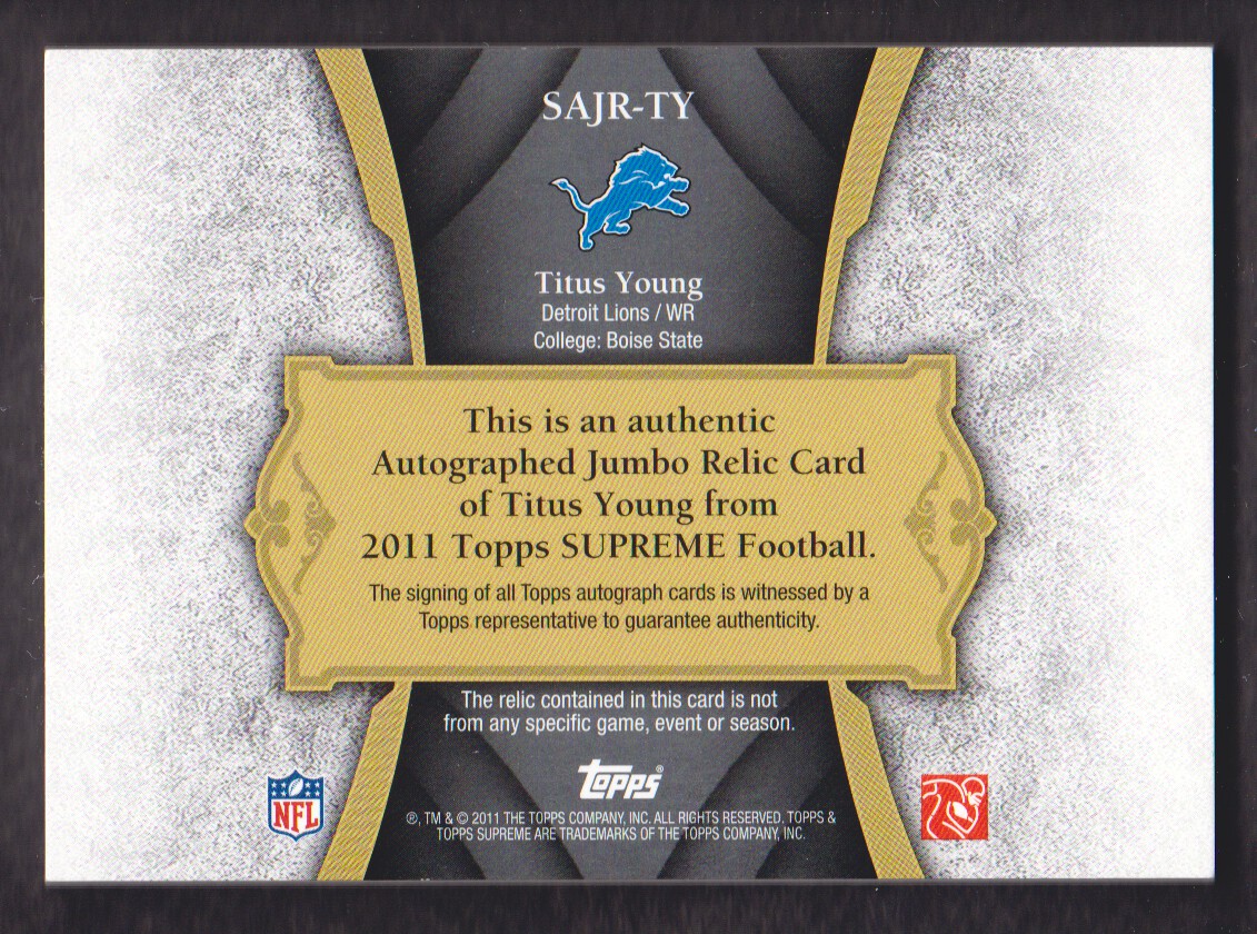 2011 Topps Supreme Autographed Jumbo Relics Platinum Patch #SAJRTY Titus Young back image