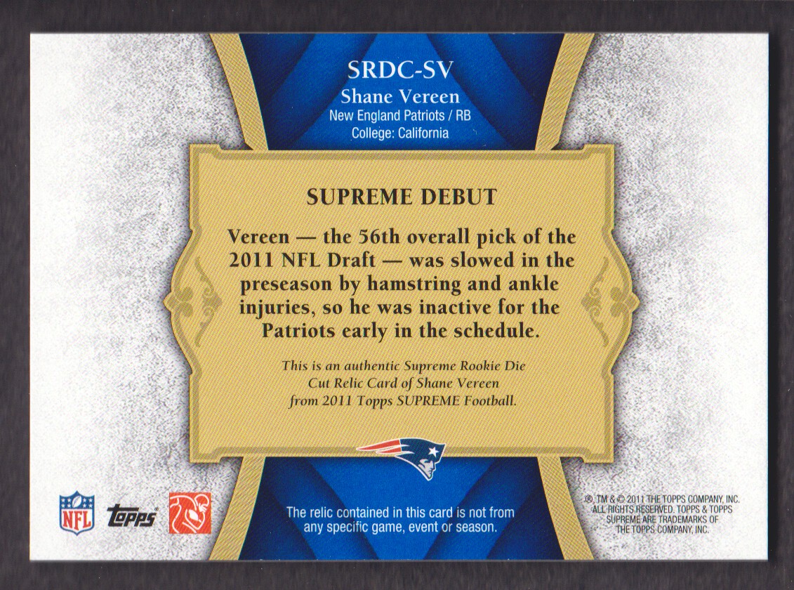 2011 Topps Supreme Rookie Relic Die Cuts #SRDCSV Shane Vereen back image