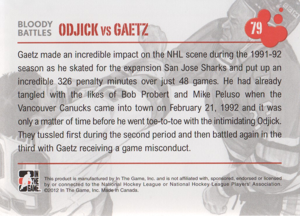 2011-12 ITG Enforcers #79 Gino Odjick BB/Link Gaetz back image