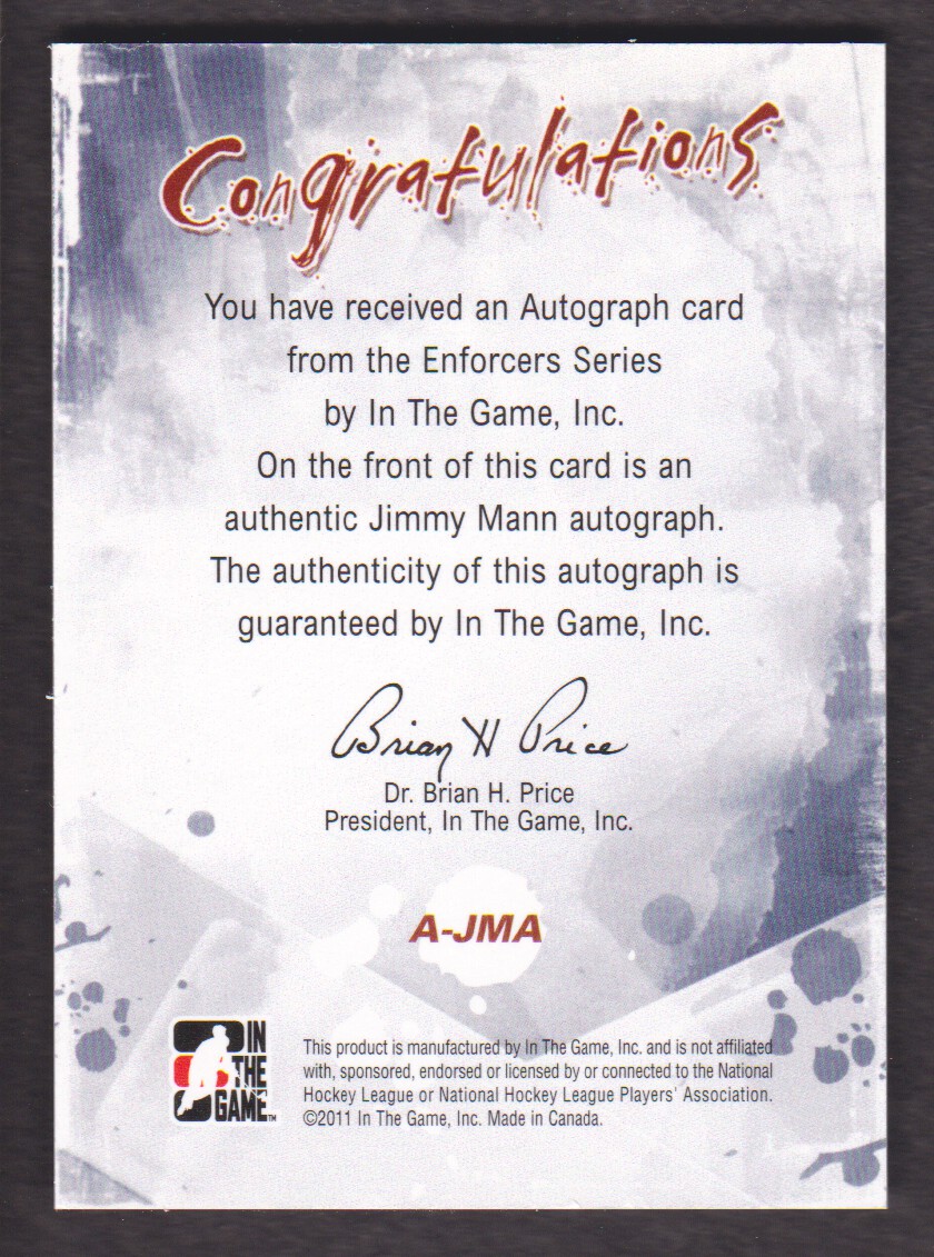 2011-12 ITG Enforcers Autographs #AJMA Jimmy Mann back image