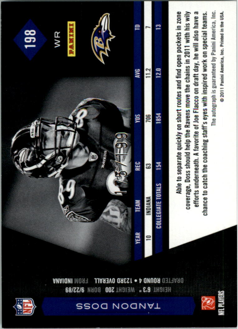2011 Limited Monikers Autographs Silver #198 Tandon Doss/199 back image
