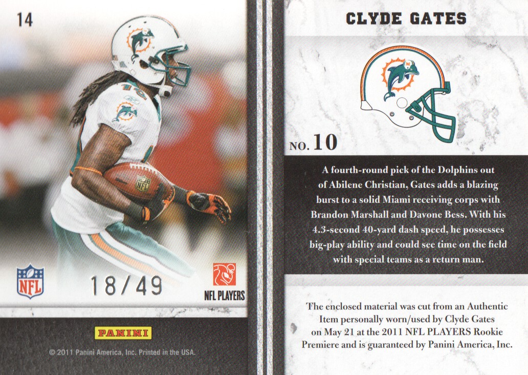 2011 Limited Rookie Jumbo Jerseys Jersey Number #14 Clyde Gates/49 back image
