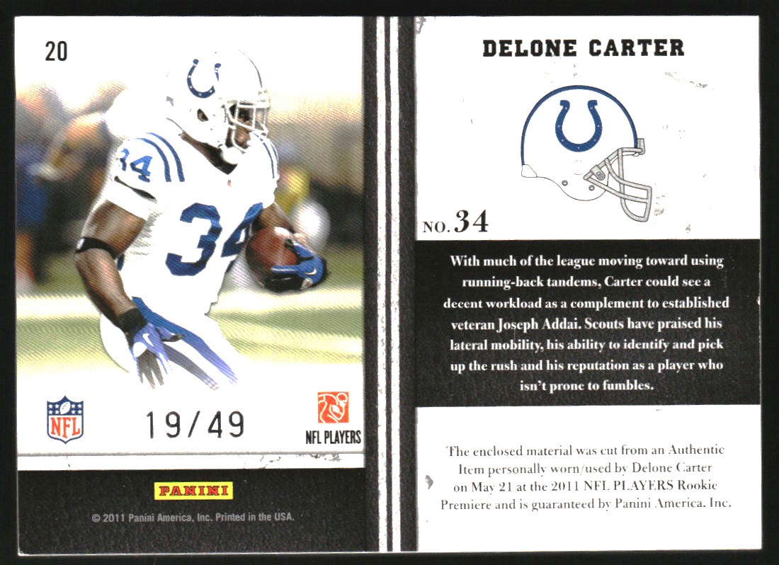 2011 Limited Rookie Jumbo Jerseys Jersey Number #20 Delone Carter/49 back image