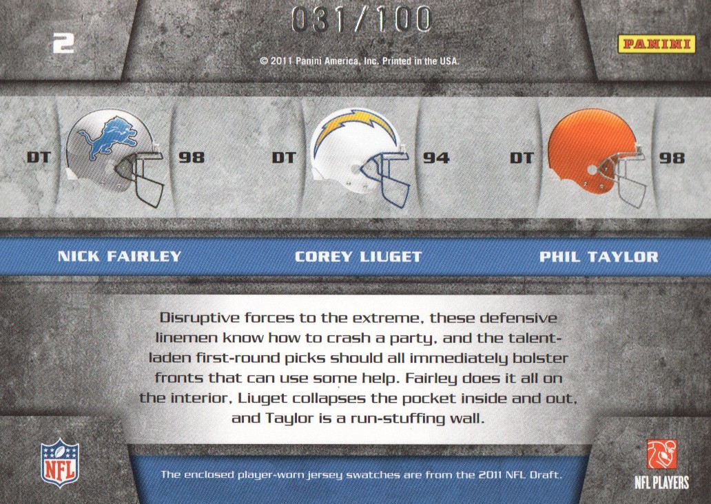 2011 Limited Draft Day Trios #2 Nick Fairley/Corey Liuget/Phil Taylor back image