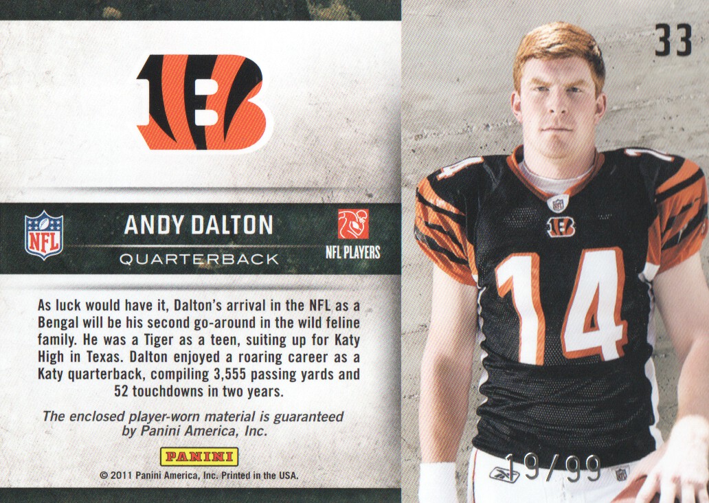 2011 Limited Initial Steps Jerseys #33 Andy Dalton/99 back image