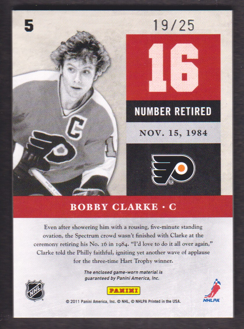 2011-12 Limited Retired Numbers Materials Prime #5 Bobby Clarke back image