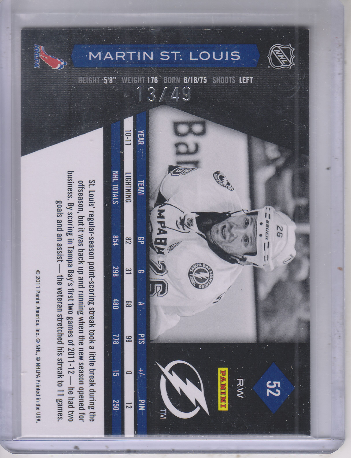 2011-12 Limited Ruby Spotlight #52 Martin St. Louis back image