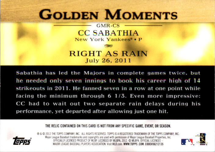 2012 Topps Golden Moments Relics #CS CC Sabathia back image