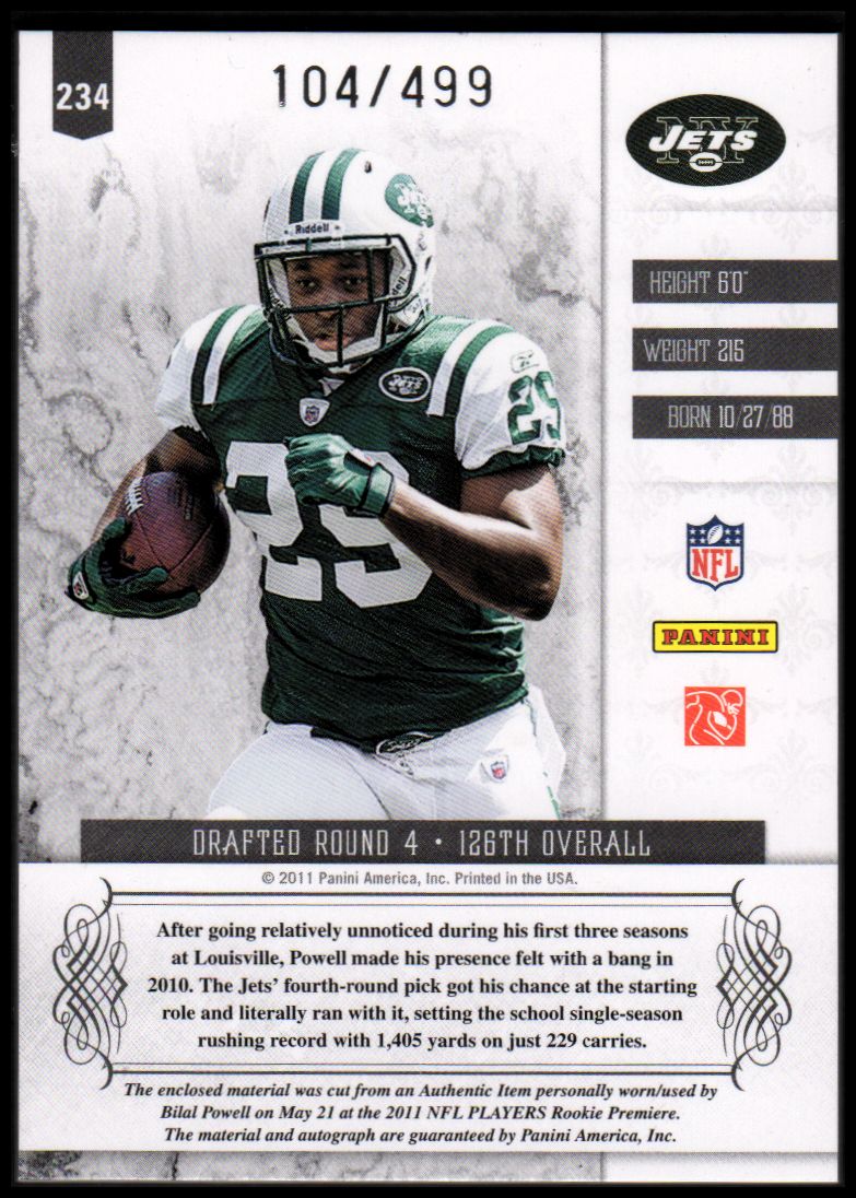 2011 Panini Plates and Patches #234 Bilal Powell JSY AU/499 RC back image