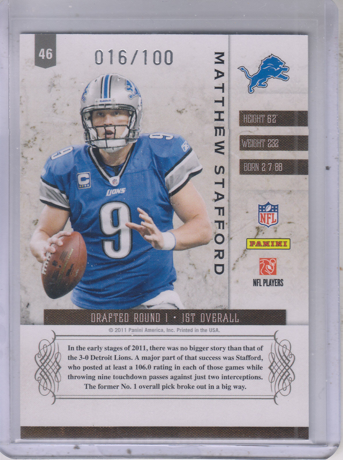 2011 Panini Plates and Patches Silver #46 Matthew Stafford back image
