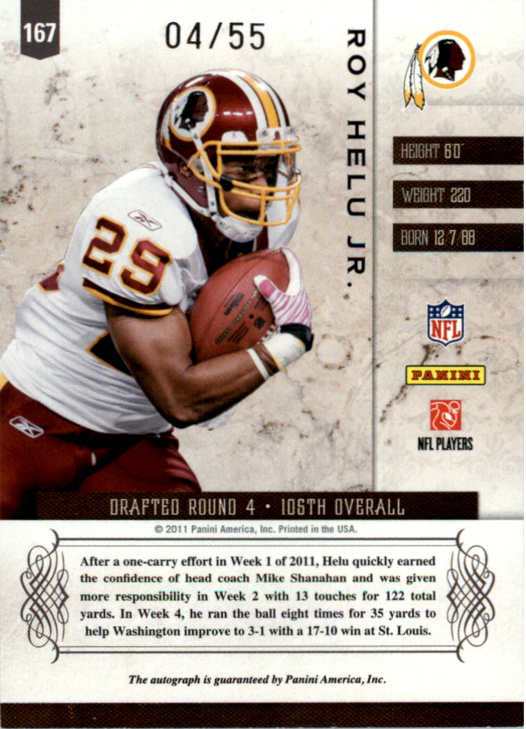 2011 Panini Plates and Patches Signatures Silver #167 Roy Helu/55 back image