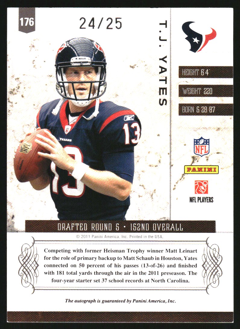 2011 Panini Plates and Patches Signatures Gold #176 T.J. Yates/25 back image