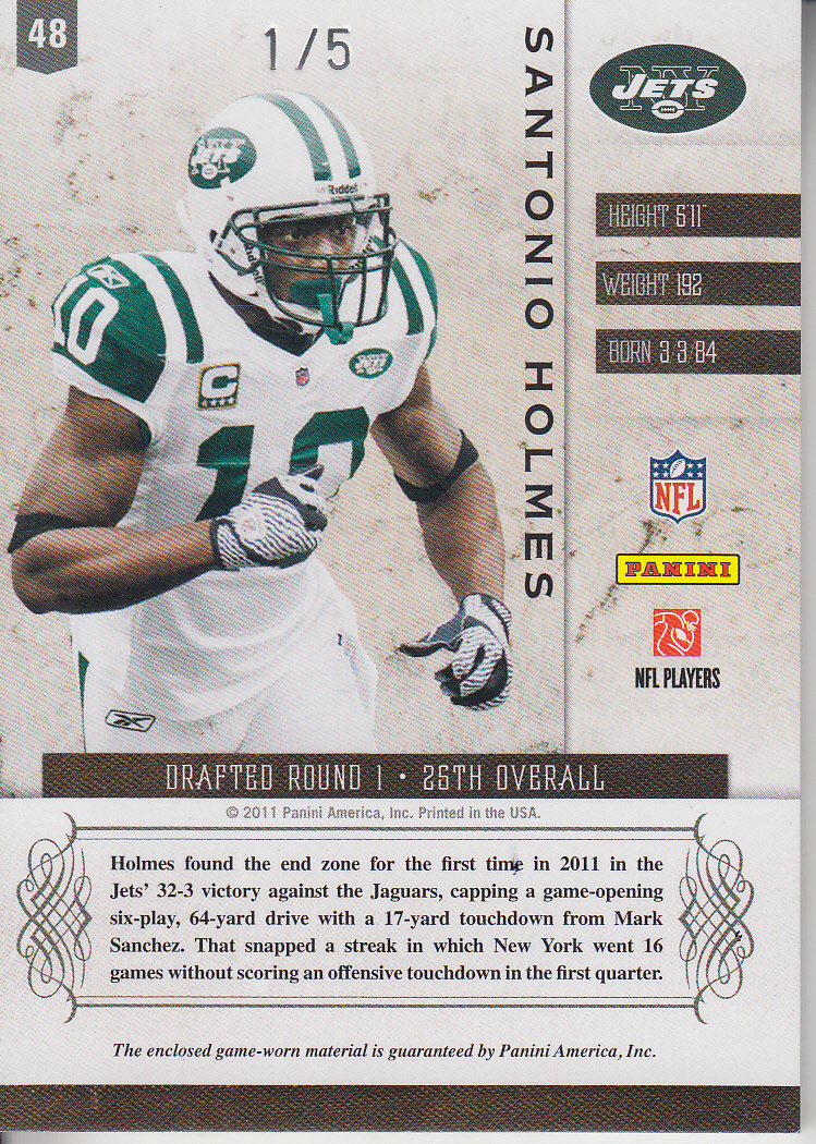 2011 Panini Plates and Patches Jerseys Prime #48 Santonio Holmes/5