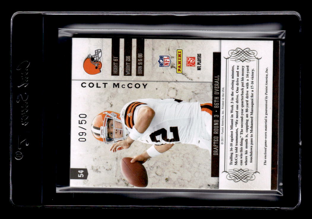 2011 Panini Plates and Patches Jerseys Prime #54 Colt McCoy/50 back image