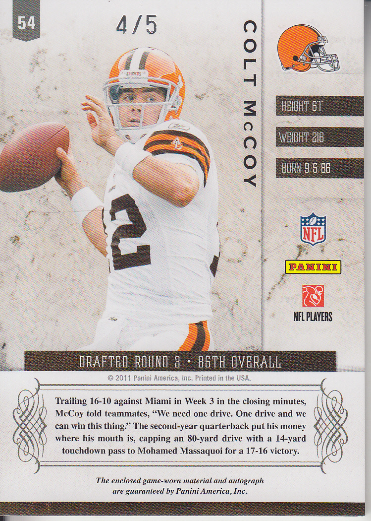 2011 Panini Plates and Patches Jersey Autographs Prime Jersey Number #54 Colt McCoy/5 back image