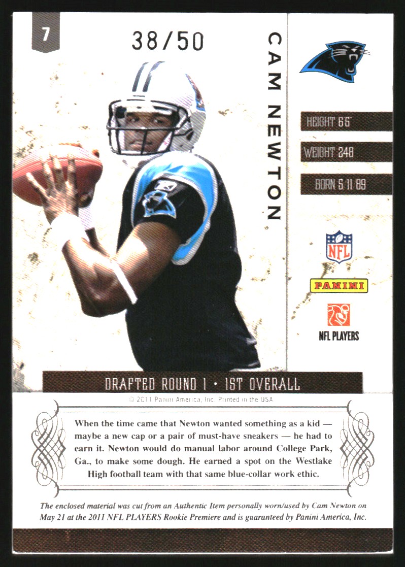 2011 Panini Plates and Patches Rookie Jumbo Materials #7 Cam Newton/50 back image