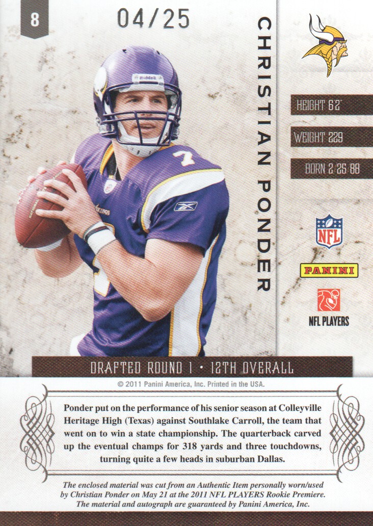 2011 Panini Plates and Patches Rookie Autographed Jumbo Materials Prime #8 Christian Ponder back image