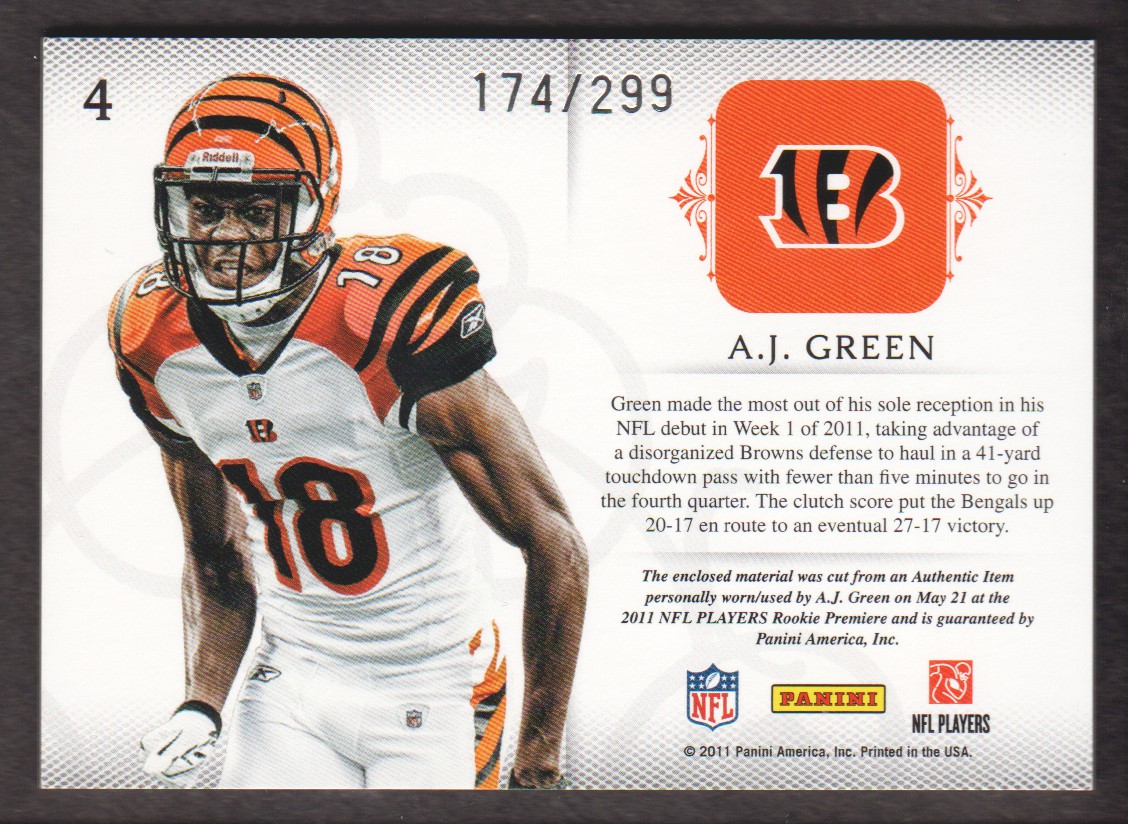 2011 Panini Plates and Patches Rookie Blitz Materials #4 A.J. Green/299 back image