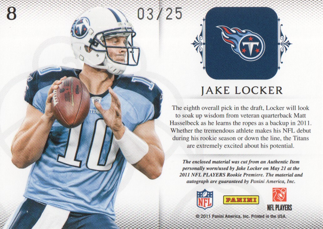 2011 Panini Plates and Patches Rookie Blitz Autograph Materials #8 Jake Locker back image