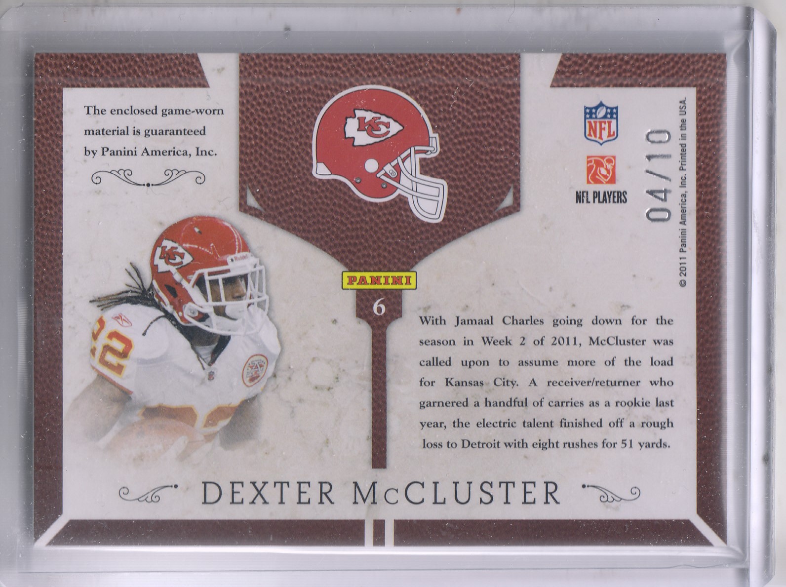 2011 Panini Plates and Patches NFL Equipment Combos Prime #6 Dexter McCluster/10 back image