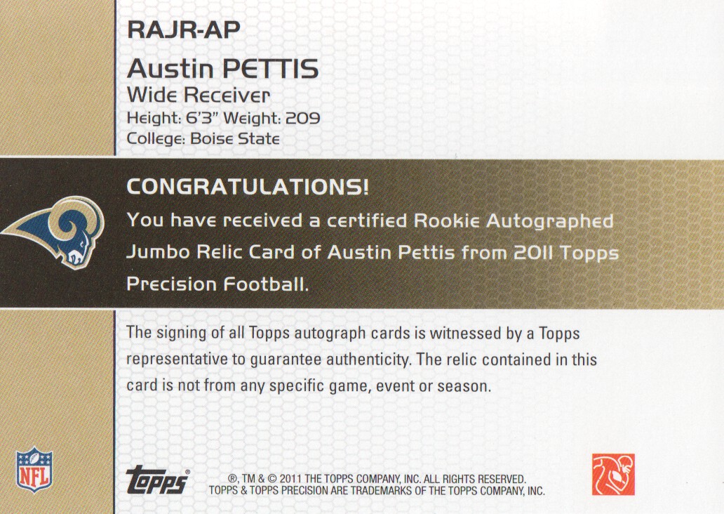 2011 Topps Precision Rookie Jumbo Relic Autographs #RAJRAP Austin Pettis back image