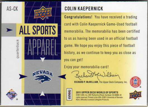 2011 Upper Deck World of Sports All-Sport Apparel Memorabilia #ASCK Colin Kaepernick back image