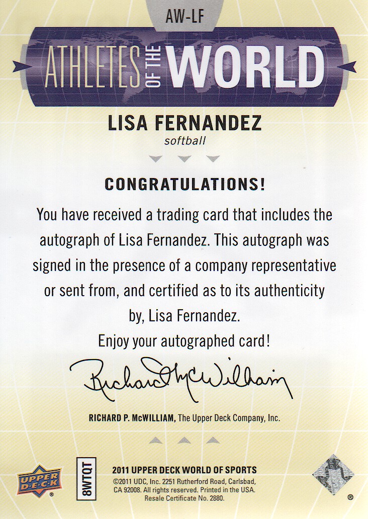 2011 Upper Deck World of Sports Athletes of the World Autographs #AWLF Lisa Fernandez back image