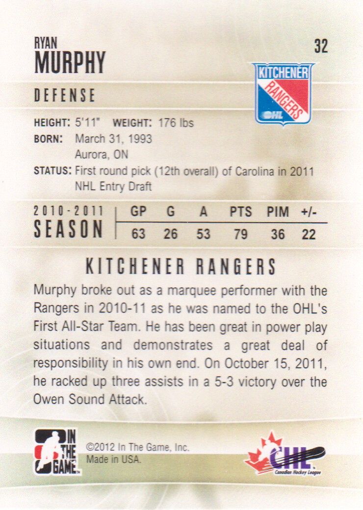 2011-12 ITG Heroes and Prospects #32 Ryan Murphy CP back image