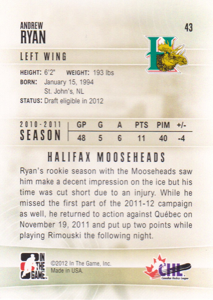2011-12 ITG Heroes and Prospects #43 Andrew Ryan CP back image