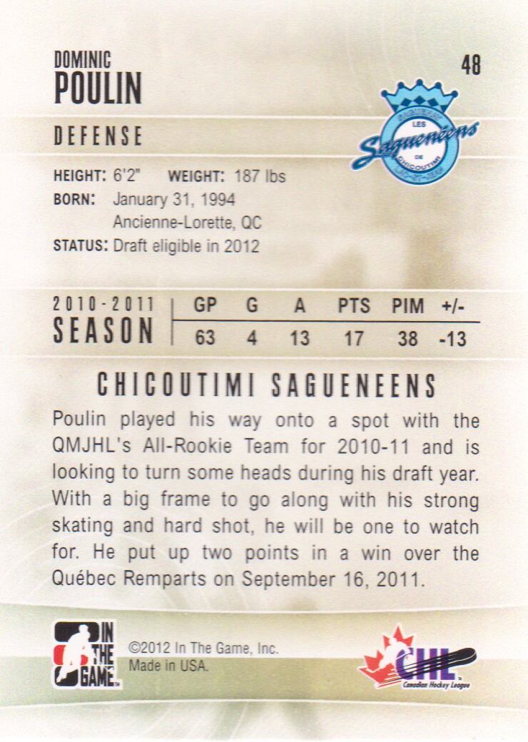 2011-12 ITG Heroes and Prospects #48 Dominic Poulin CP back image