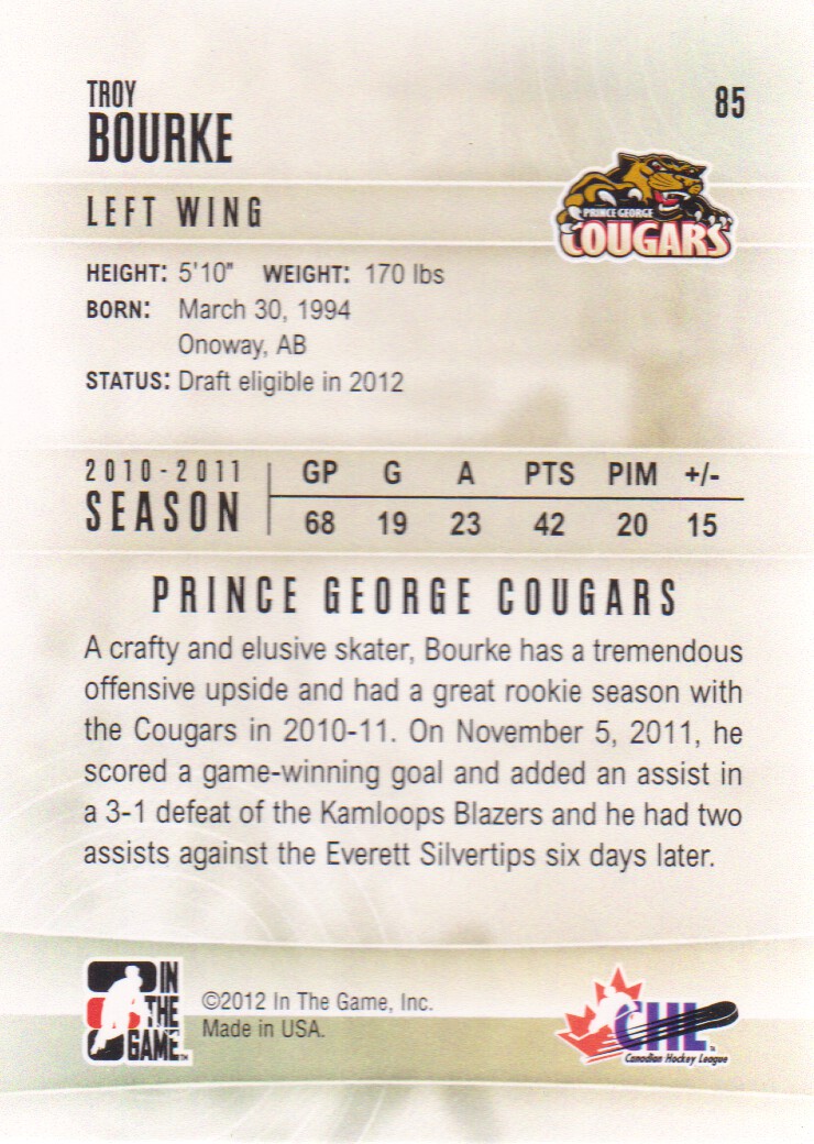 2011-12 ITG Heroes and Prospects #85 Troy Bourke CP back image