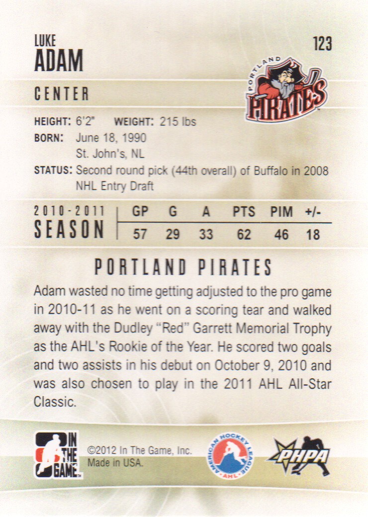 2011-12 ITG Heroes and Prospects #123 Luke Adam AP back image