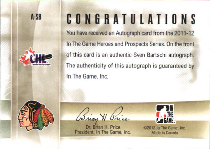 2011-12 ITG Heroes and Prospects Autographs #ASB Sven Baertschi back image