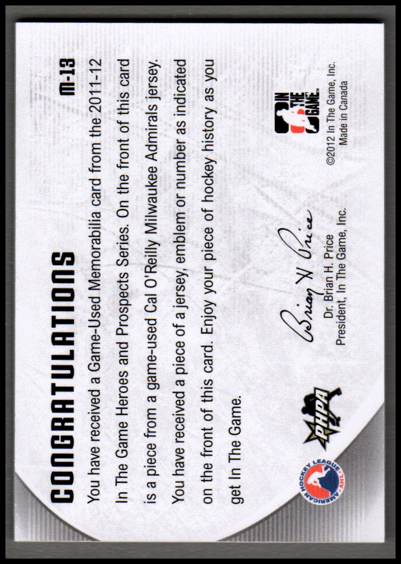 2011-12 ITG Heroes and Prospects Game Used Jerseys Black #M13 Cal O'Reilly back image