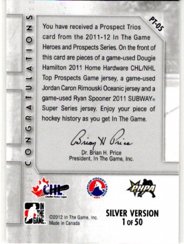 2011-12 ITG Heroes and Prospects Prospect Trios Jerseys Silver #PT05 Dougie Hamilton/Jordan Caron/Ryan Spooner back image