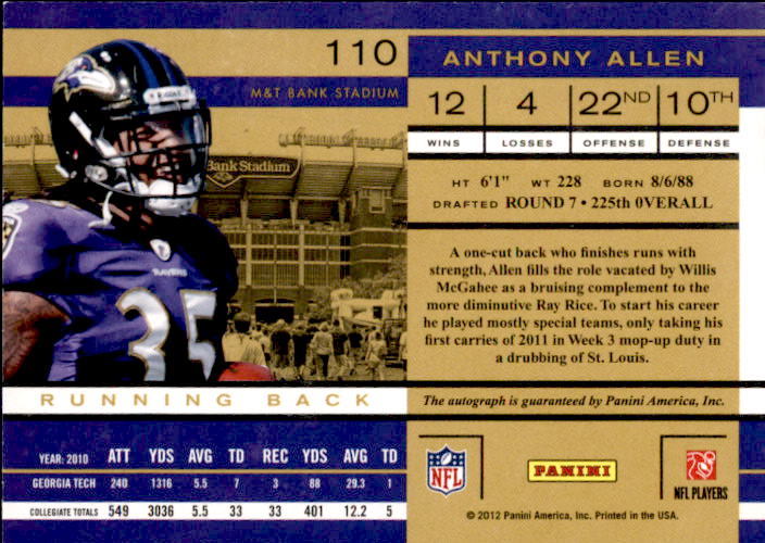 2011 Playoff Contenders #110 Anthony Allen AU RC back image