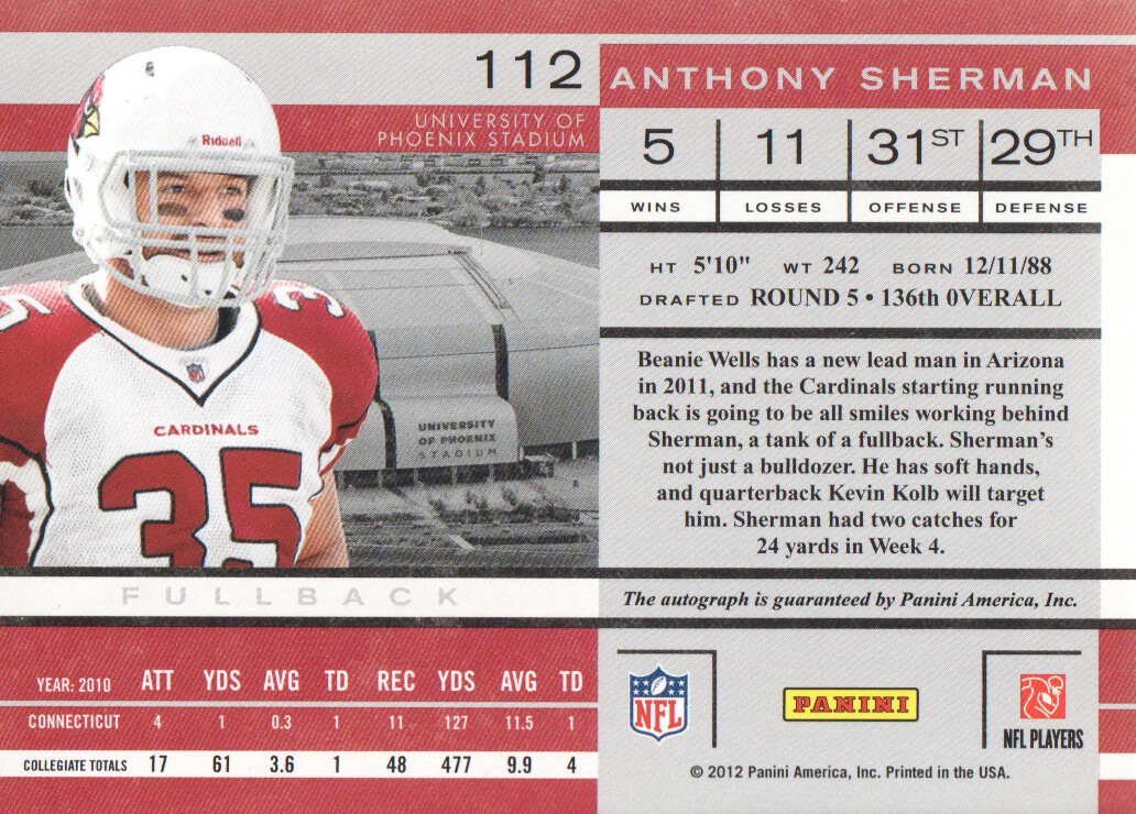 2011 Playoff Contenders #112 Anthony Sherman AU RC back image