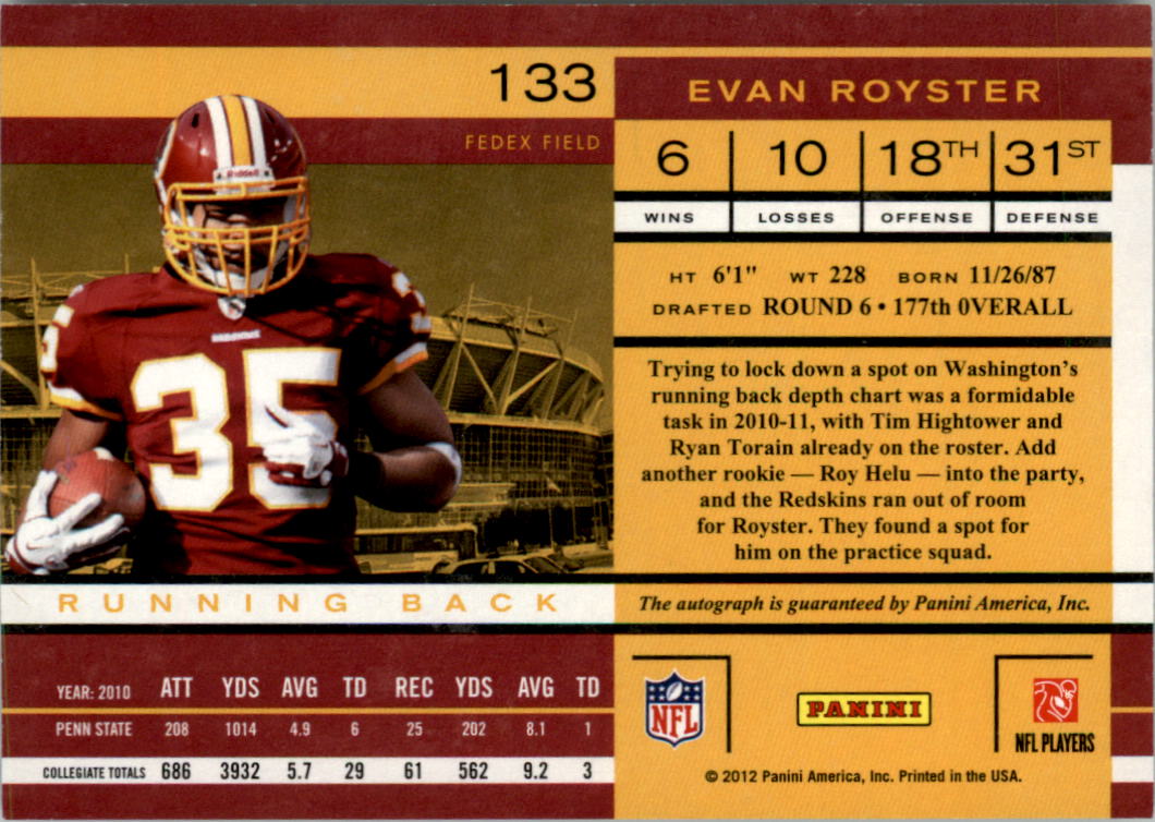 2011 Playoff Contenders #133 Evan Royster AU RC back image