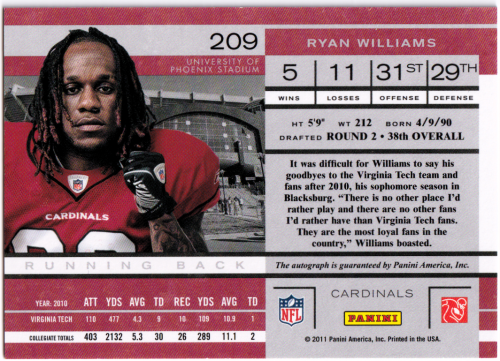 2011 Playoff Contenders #209A Ryan Williams AU RC back image